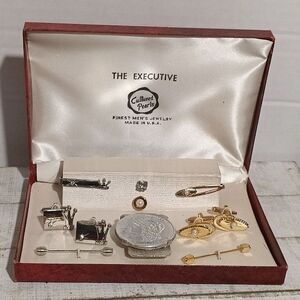 Vintage The Executive Cultured Pearls Mens Jewelry Set Cufflinks Tie Bars